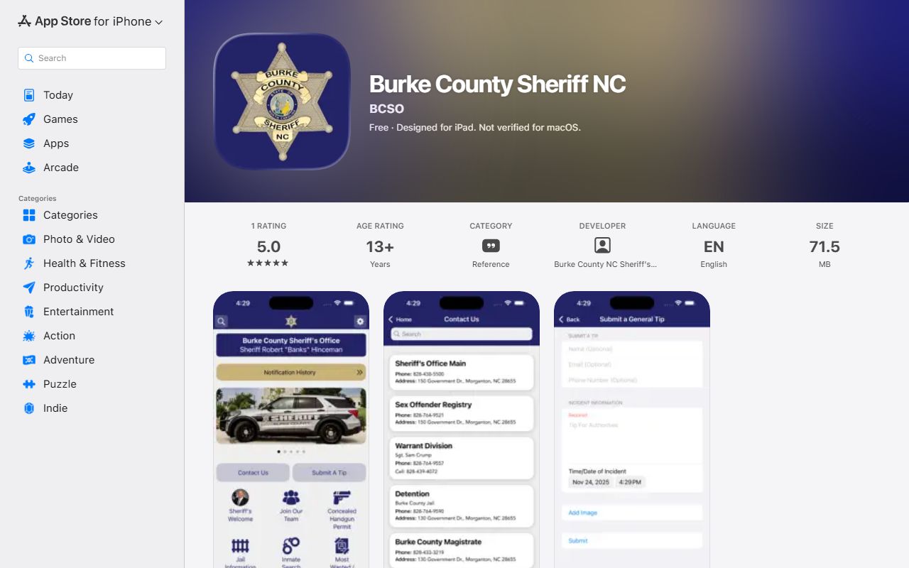 Burke County warrant records sheriff iOS app tip and public safety listing